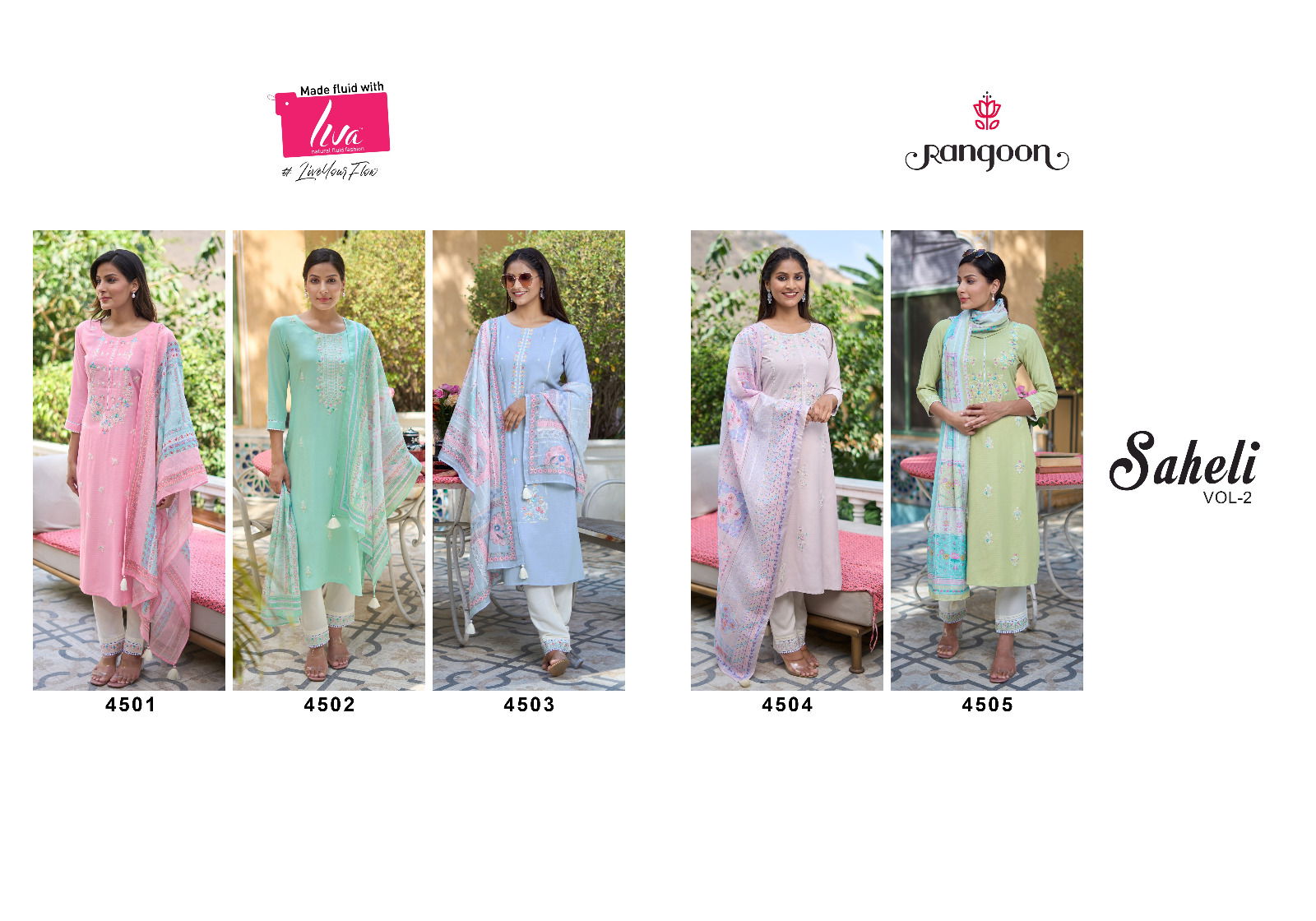 Saheli Vol 2 By Rangoon Nylon Viscose Embroidery Kurti With Bottom Dupatta Wholesalers In Delhi